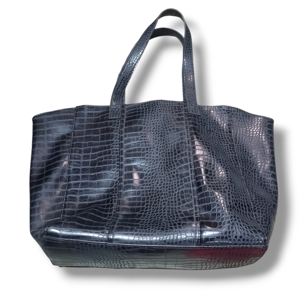 Neiman Marcus Womens Faux Leather Croc Tote Shopper Black Shoulder Bag Large.